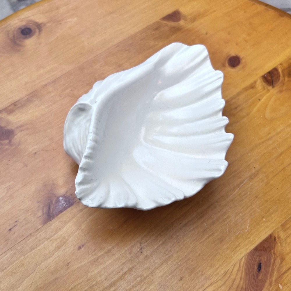 Vintage Clam Shell Bowl White Ceramic Scallop Dish Small Coastal Studio Pottery
